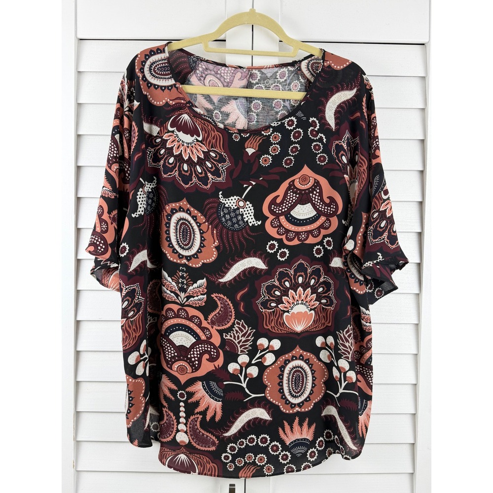 LOFT Mixed Media Top Women XXL Black Pink Floral Paisley Short Sleeve Flutter